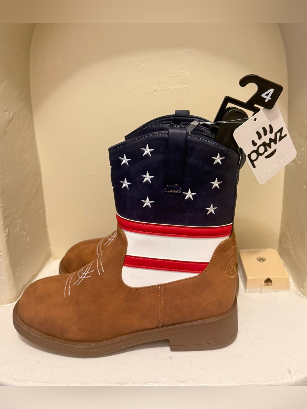 PAWZ Brown, Navy, Red & White Star Stripe Western Boots - Big Boys Size 4